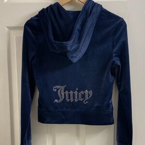 Juicy Couture Women’s Deep Blue Y2K Velvet Rhinestoned Hoodie Size Small